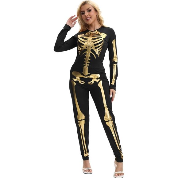Women's Gold Skeleton Form Fitting Flattering Double Sided Skeleton Costume - Picture 3 of 9